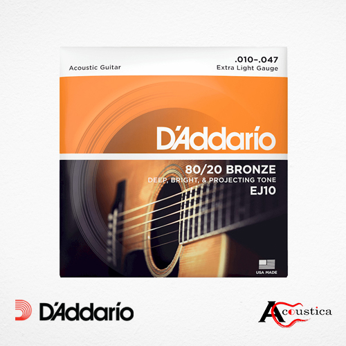 D'Addario - EJ10 -Acoustic Guitar Strings - 80/20 Bronze - For 6 String Guitar - Deep, Bright, Projecting Tone - Extra Light, 10-47
