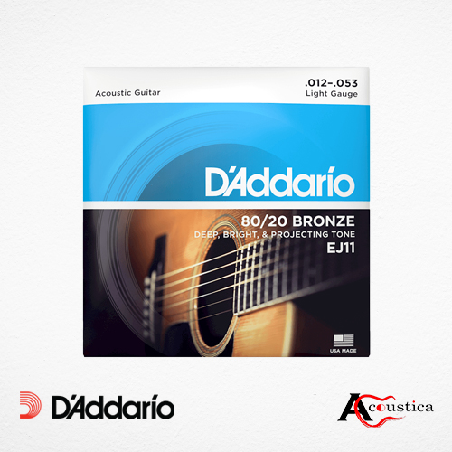 D’Addario – EJ11 -Acoustic Guitar Strings – 80/20 Bronze – For 6 String Guitar – Deep, Bright, Projecting Tone – Light,12-53
