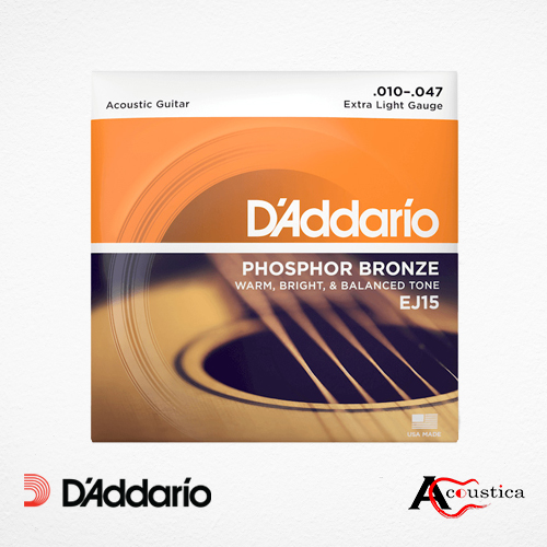 D'Addario - EJ15 - Phosphor Bronze Acoustic Guitar Strings- Rich, Full Tonal Spectrum - For 6 String Guitars - 10-47 Extra Light