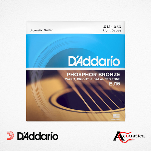 D’Addario – EJ16 – Phosphor Bronze Acoustic Guitar Strings- Rich, Full Tonal Spectrum – For 6 String Guitars – 12-53 Light